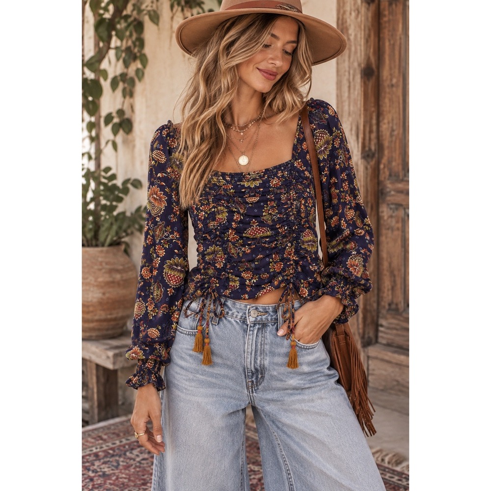Boho Floral Ruched Long-Sleeve Blouse - Navy